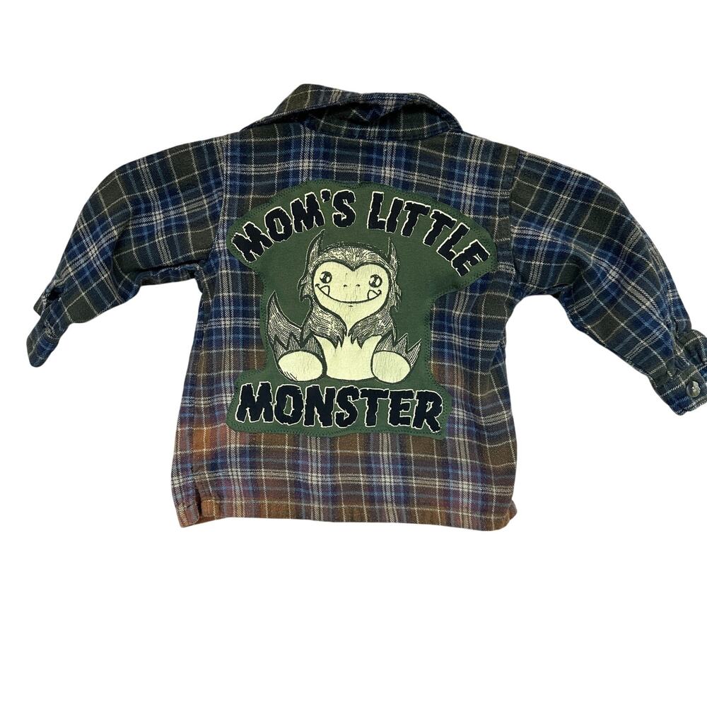 Mom's Little Monster Toddler Plaid Flannel Button Down Shirt 18 Months Unique